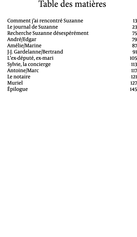 Table des mati res Comment j’ai rencontr Suzanne 13 Le journal de Suzanne 23 Recherche Suzanne d sesp r ment 75 Andr...
