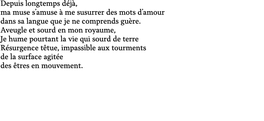 Depuis longtemps d j , ma muse s’amuse  me susurrer des mots d’amour dans sa langue que je ne comprends gu re. Aveug...