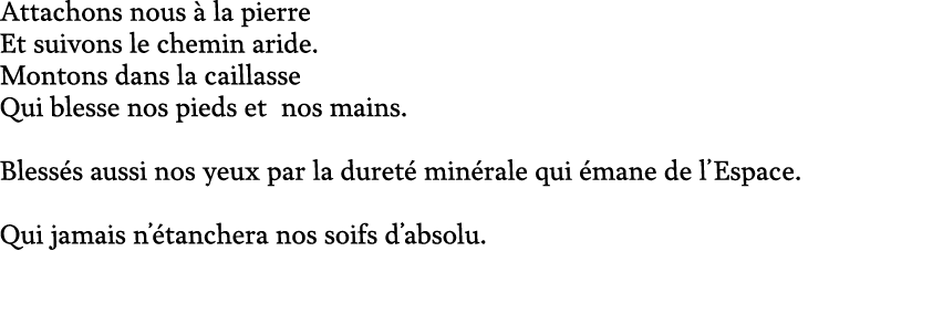Attachons nous  la pierre Et suivons le chemin aride. Montons dans la caillasse Qui blesse nos pieds et nos mains. B...