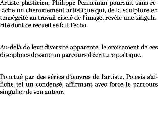 Artiste plasticien, Philippe Penneman poursuit sans rel che un cheminement artistique qui, de la sculpture en tens gr...